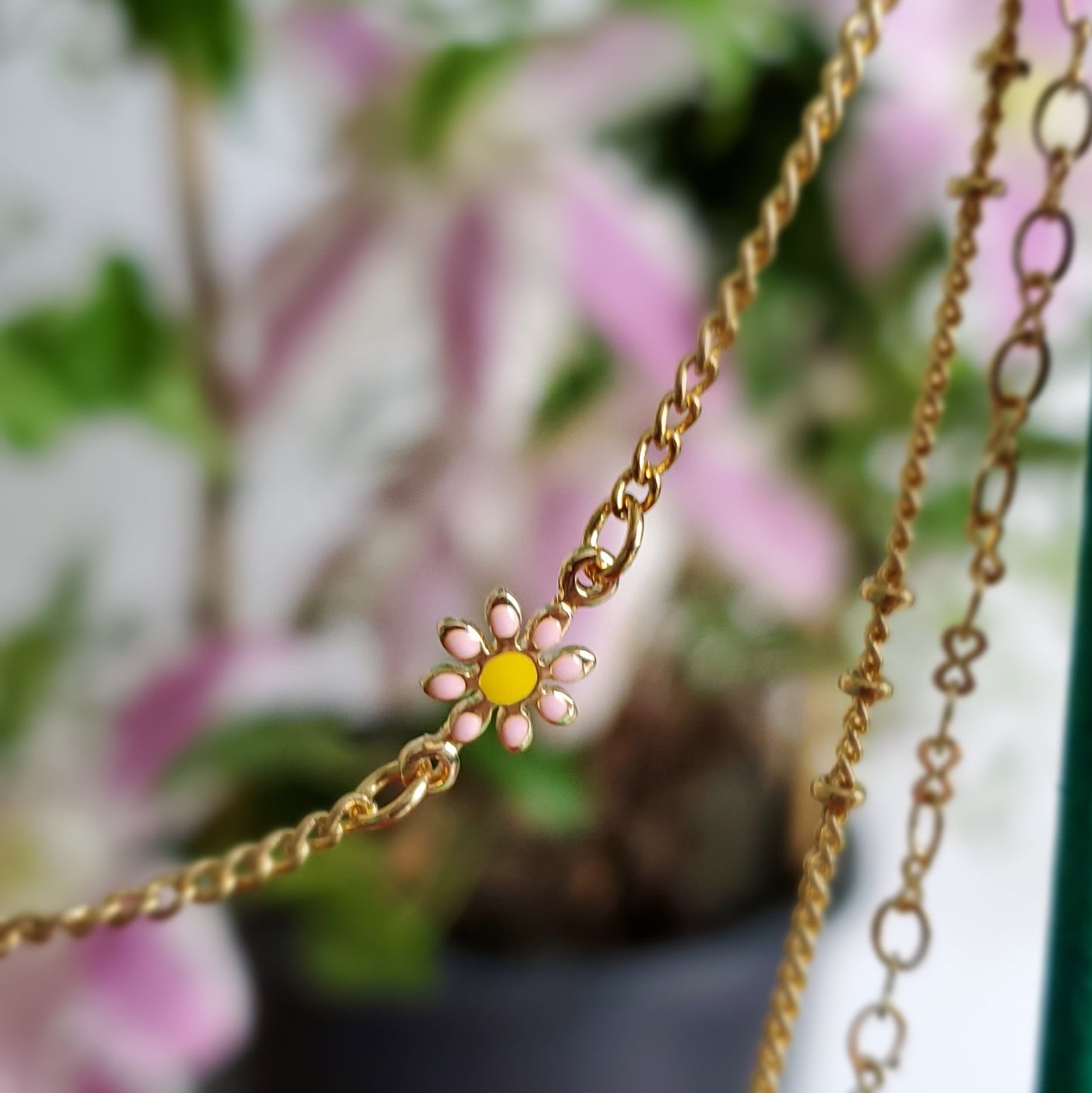 Classic Simple Design 3 Strand Necklace with Pink Flowers
