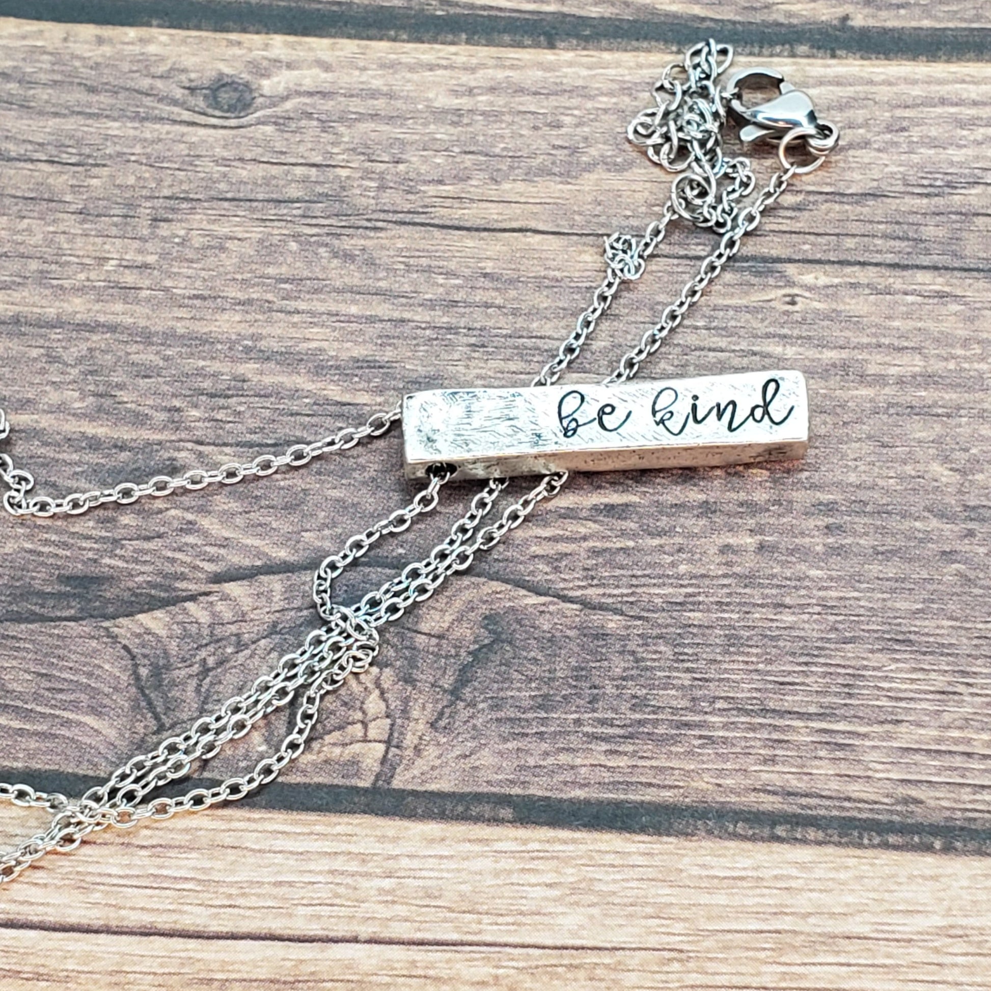 Silver Vertical Bar Necklace with Words Etched on Two Sides