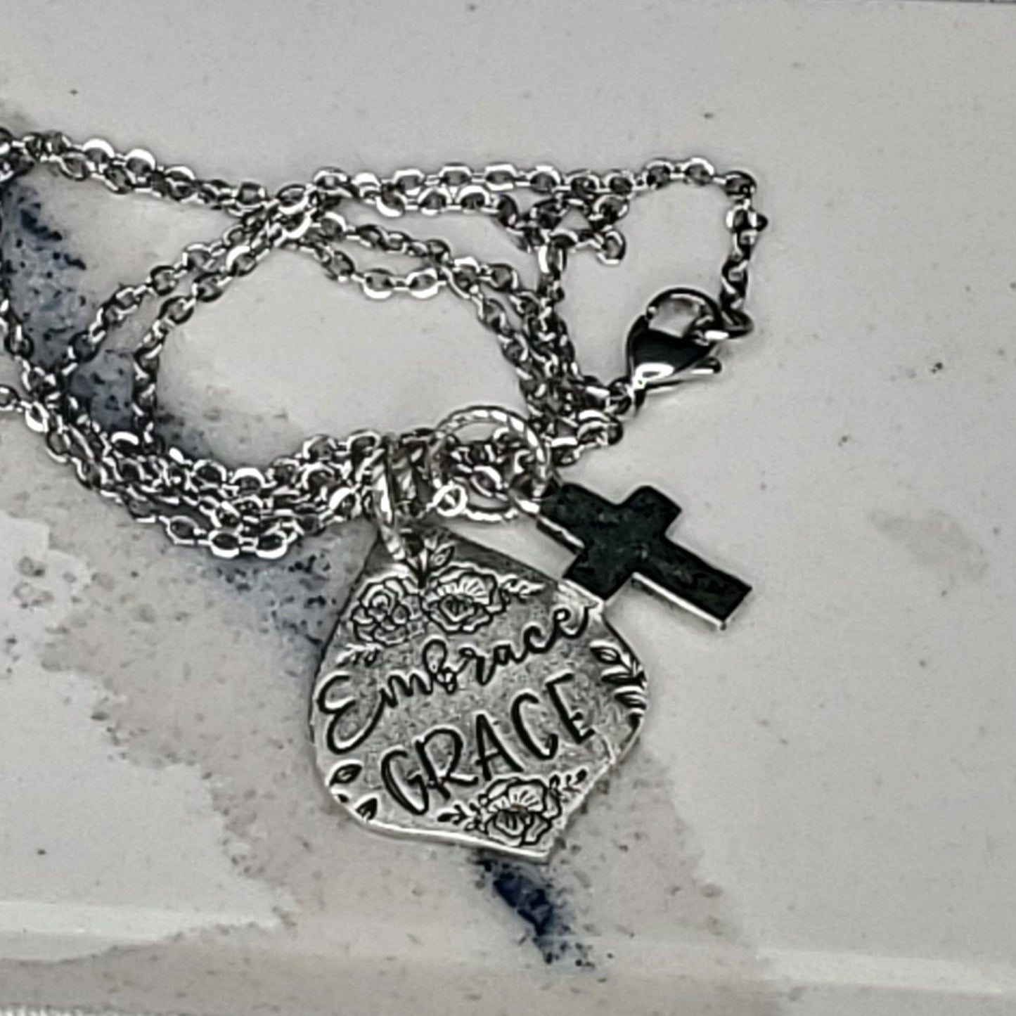 Silver Pendant with Etched  Embrace Grace with Cross Charm Necklace